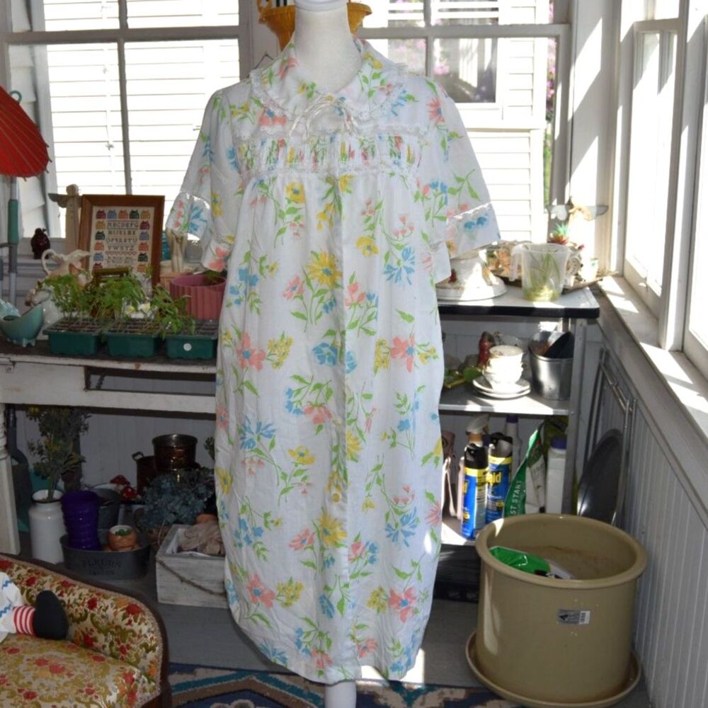Vintage 70s Floral House Dress Robe Cottagecore Prairie Lounge Dress L